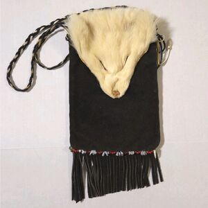 Handmade Native American Fox Head Fur Bag Leather Suede Fringe Braided Strap